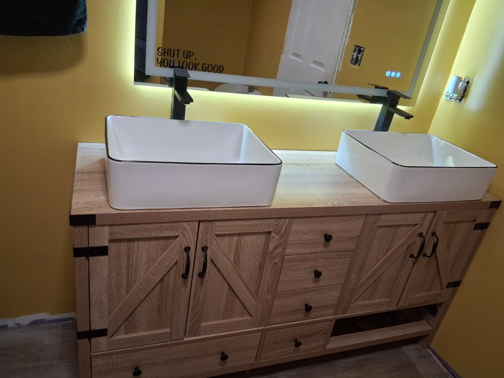 24 inch Natural Color Bathroom Vanity, Rustic Fixture Standing Pedestal Cabinet with White Ceramic Vessel Sink customer photo 2