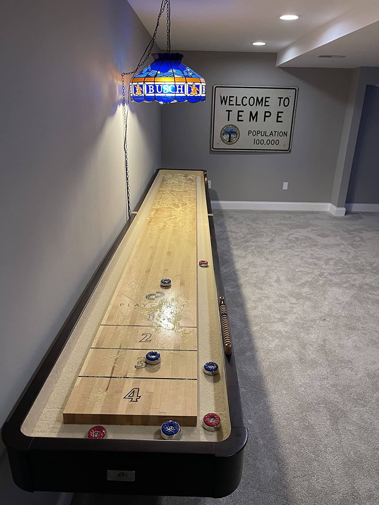 Playcraft Georgetown Shuffleboard Table with Storage Cabinet - Shuffle Board Game Table with Matching Abacus, 8 Pucks, Brush & Wax - Pro Climate Adjusters - Hand-Stained Burnished Finish customer photo 1