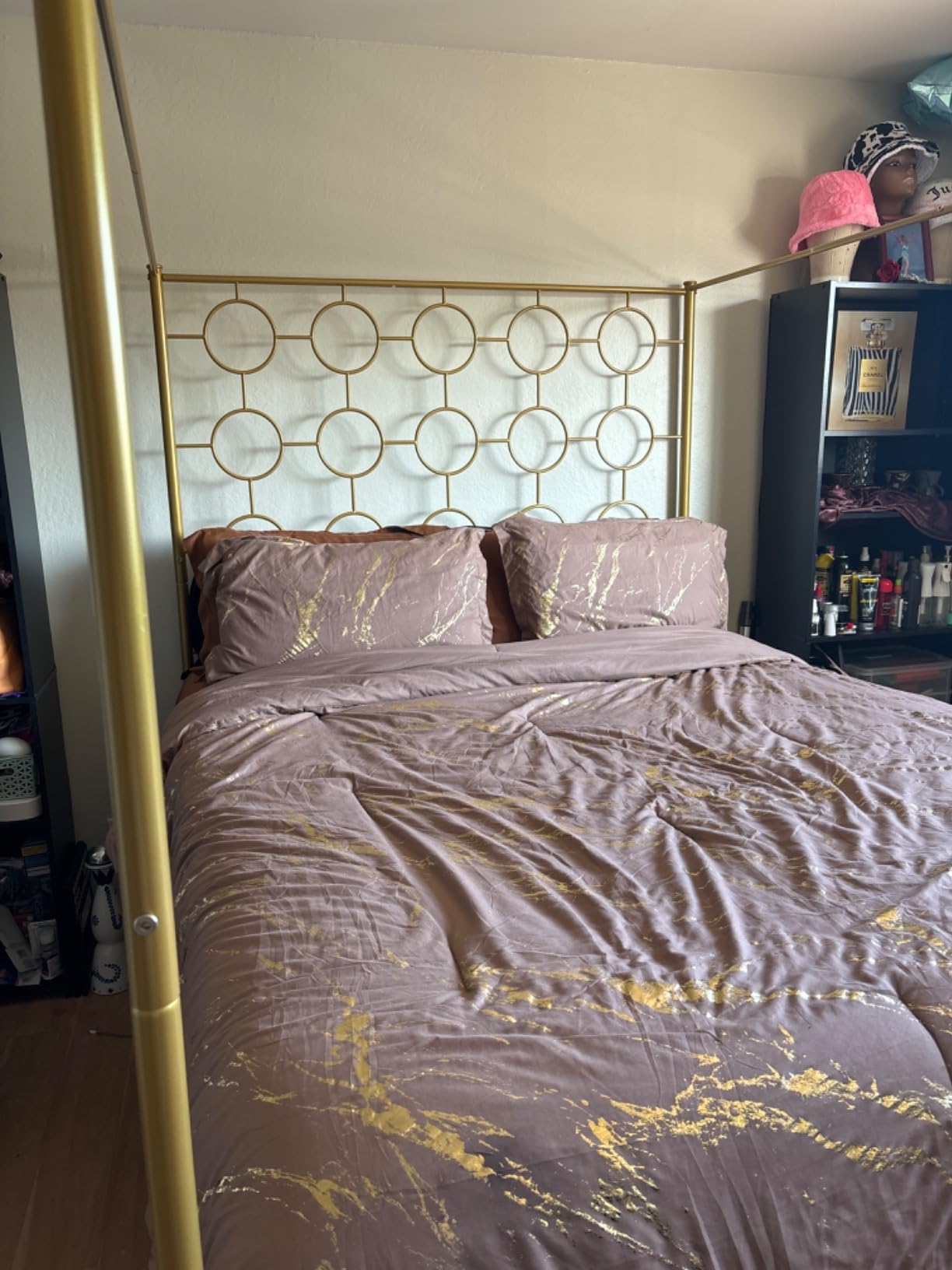 Gold Metal Canopy Bed Frame King/Mattress Foundation with Steel Slat Support/No Box Spring Needed/Easy Assembly (Gold, King) customer photo 2