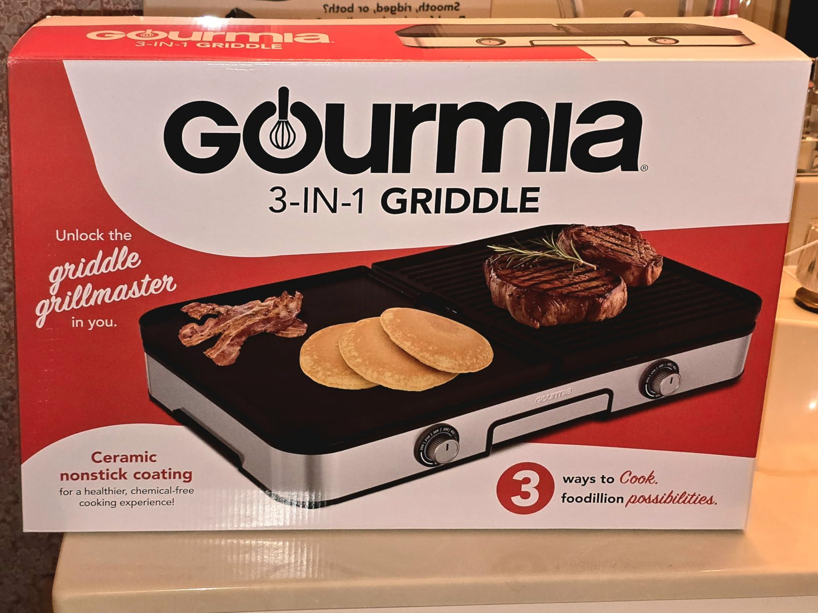 Gourmia 3-in-1 Indoor Grill & Griddle Electric Combo – Dual Independent Cooking Zones, Reversible Nonstick Ceramic Plates, XL Cooking Surface, 250–400°F Adjustable Temp, Dishwasher Safe customer photo 1