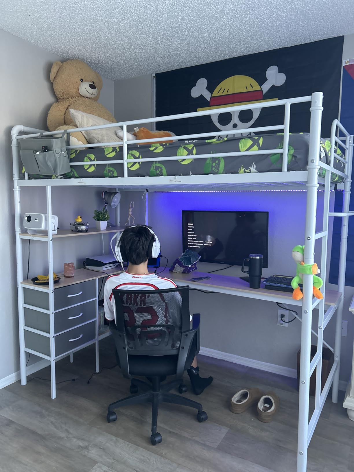 Twin Size Loft Bed with L-Shaped Desk, LED Lights,Charging Station, Industrial Heavy Duty Metal Loft Bed Frame with 3 Storage Shelves and 3 Fabric Drawers, Safety Guard & Ladder, Vintage Brown customer photo 2