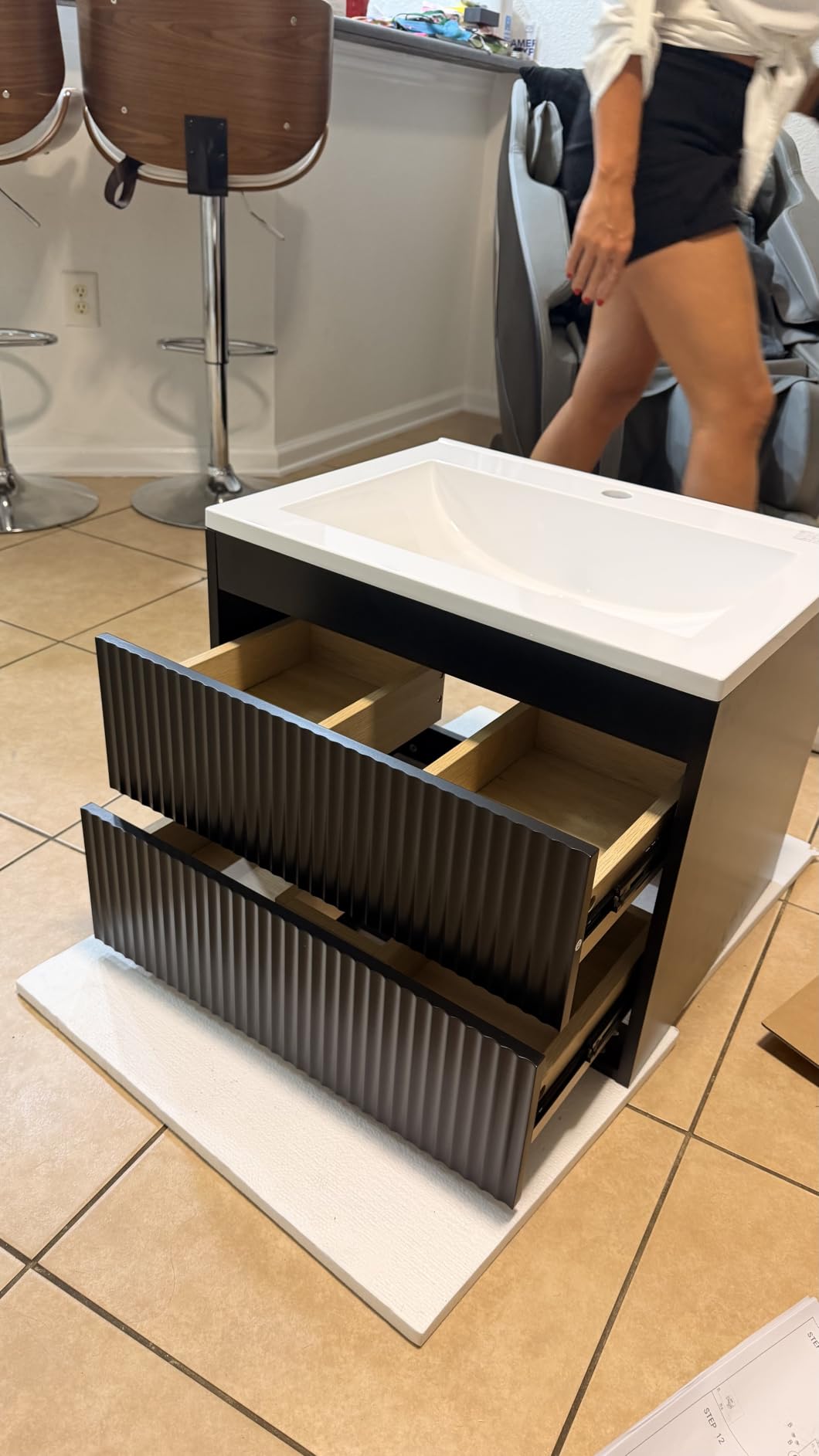24 Inches Modern MDF Bathroom Vanity with Sink, Wall Mounted Floating Cabinets w/Double Drawers, Black Handles, White Resin Sink Combo Set (Black, 24