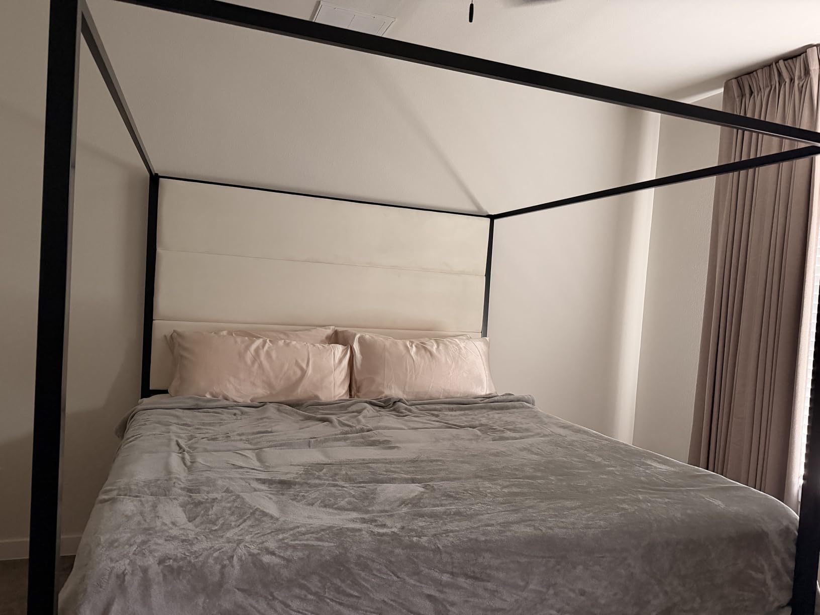 LUMISOL King Size Canopy Bed with Tall Linen Headboard, Metal 4 Poster Canopy Bed Frame King, Box Spring Needed, Easy Assembly, Gold + Tan customer photo 2