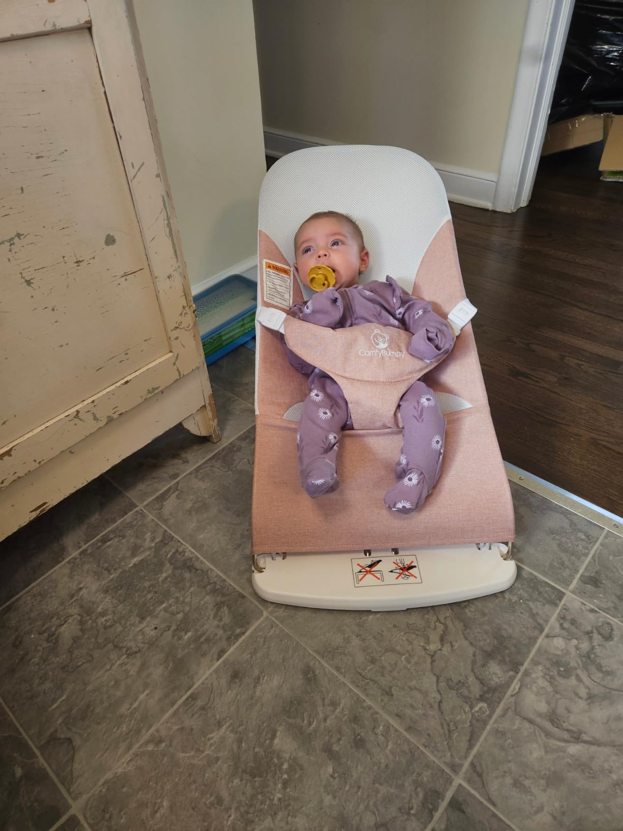 ComfyBumpy Baby Bouncer Seat, 100% Organic Cotton Fabric & Breathable Mesh, 3-Position Foldable Portable Infant Bouncer with Carry Case (8-20lbs Babies) Oatmeal customer photo 1