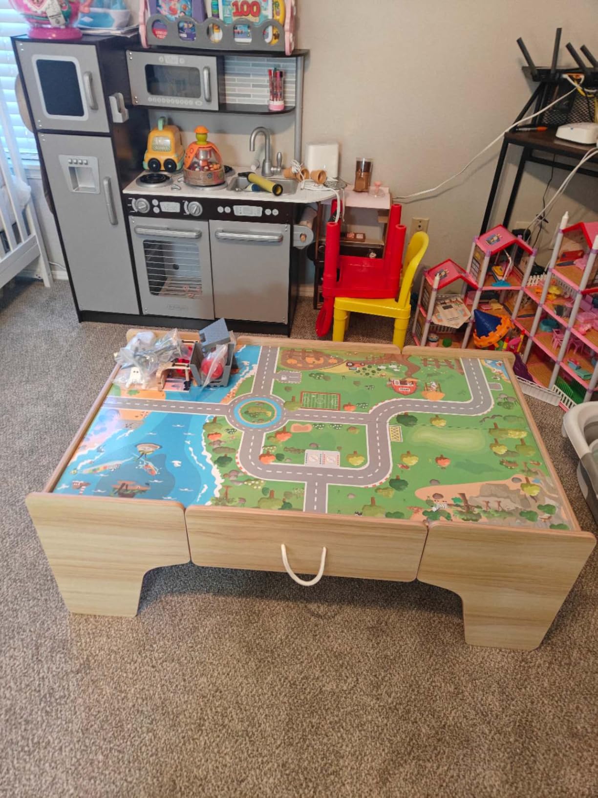 Costzon Train Table, 5 in 1 Kids Activity Wooden Set w/ 78 Pieces Railway Playset, Reversible Map Top, Blackboard, Building Bricks Station & Large Storage Space, Toddler Sensory Table for 18 M+ customer photo 1