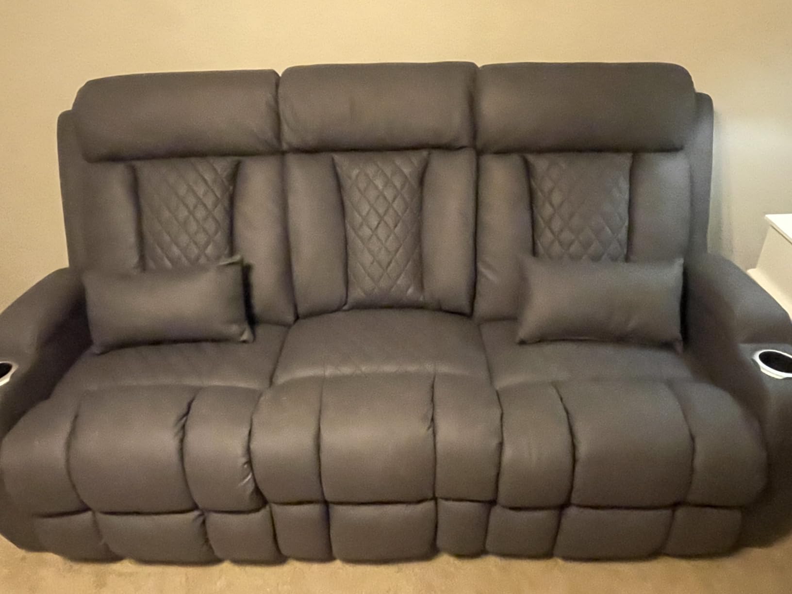 Zero Wall Hugger Power Reclining Sofa with Adjustable Headrest, Electric Reclining Couch with Drop-Down Table,Outlets, Power Loveseat Recliner Sofa for Living Room (Gray, 3 Seat) customer photo 1