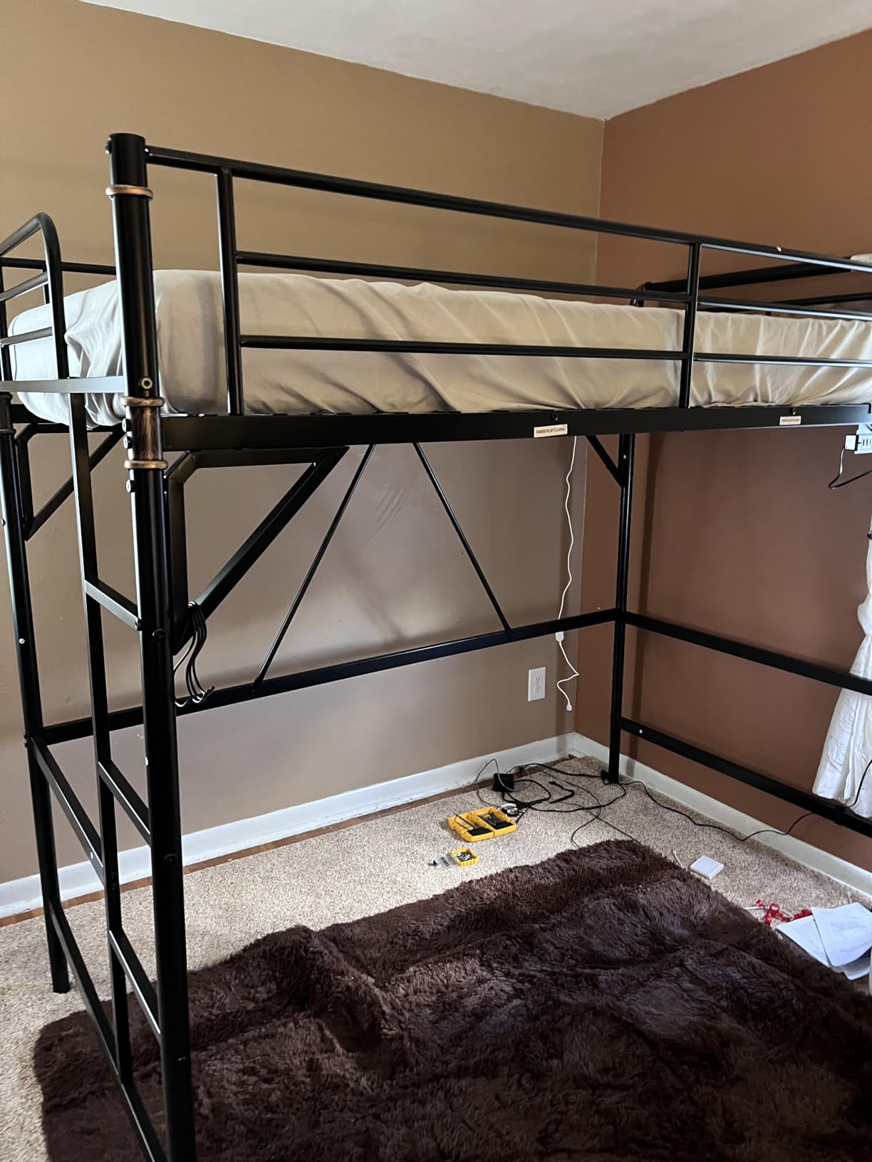 Twin Size Loft Bed with LED Lights and Charging Station, Industrial Heavy Duty Metal Loft Bed Frame with Ladder and Guardrail for Kids Adults, Small Space Saving Design for Bedroom Dorm, Vintage Brown customer photo 1