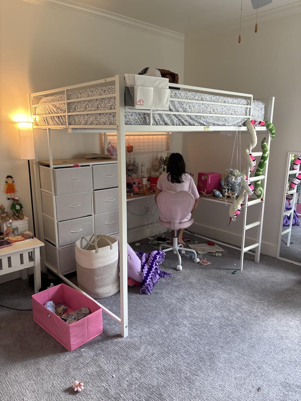 DICTAC Full Loft Bed with L-Shaped Desk and 7 Storage Drawers,Metal Full Size Loft Bed for Teen with LED Lights and Charging Station,13.11