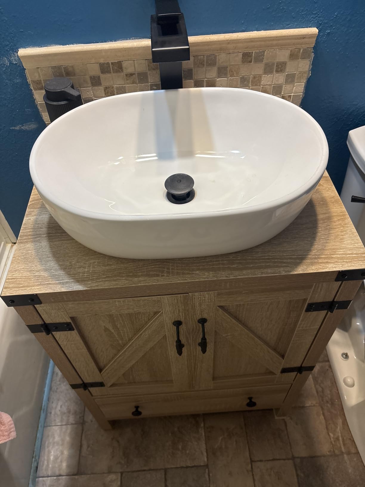 60 inch Natural Color Bathroom Vanity, Rustic Fixture Standing Pedestal Cabinet with Two White Ceramic Vessel Sinks customer photo 2