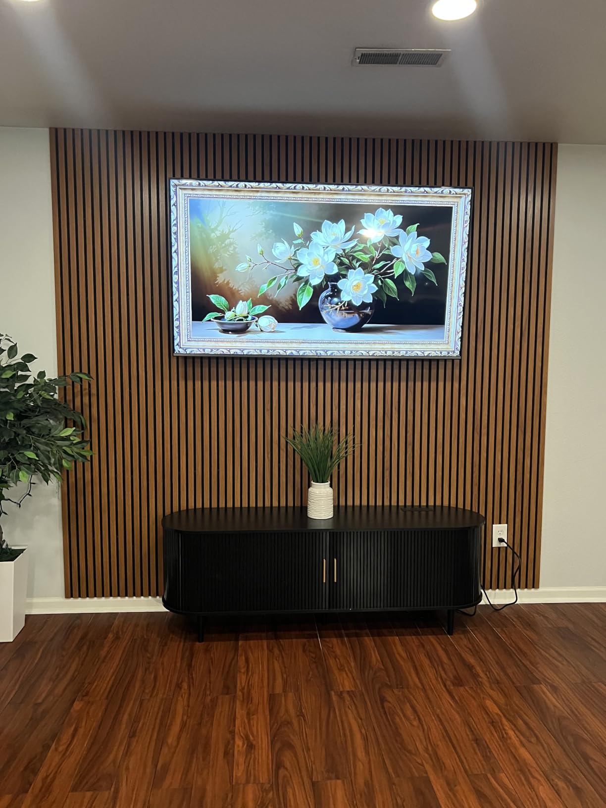DHH 55 Inch Mid Century Modern TV Stand with Power Outlet for TVs up to 60 Inch, Entertainment Center with Storage and Adjustable Shelves, Media Console with Sliding Doors for Living Room(Walnut) customer photo 1