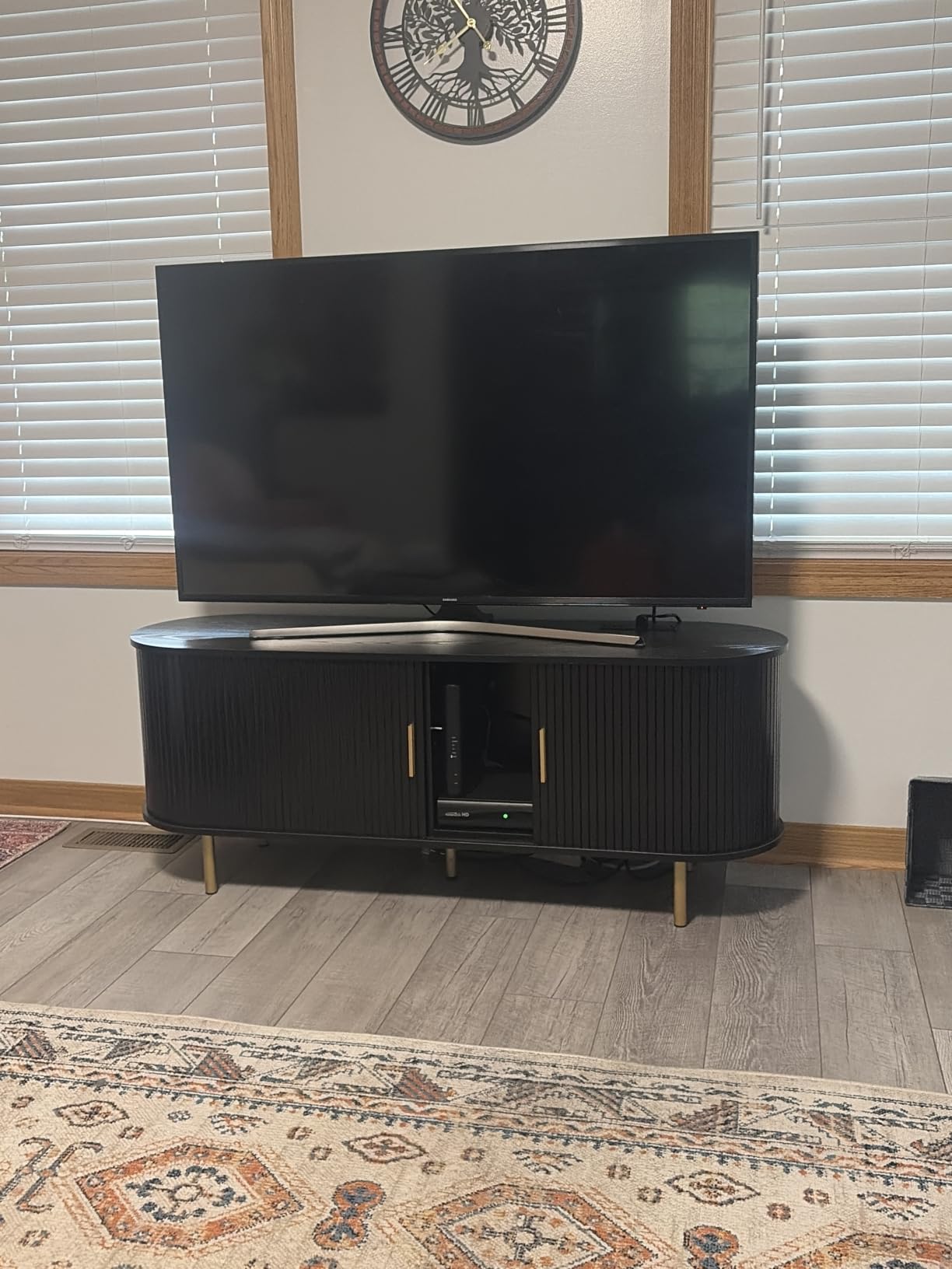 DHH 55 Inch Mid Century Modern TV Stand with Power Outlet for TVs up to 60 Inch, Entertainment Center with Storage and Adjustable Shelves, Media Console with Sliding Doors for Living Room(Walnut) customer photo 2