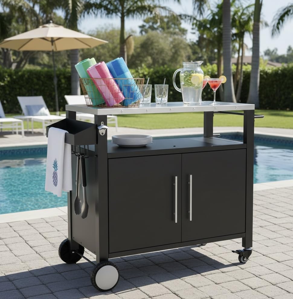 Outdoor Grill Table with Sink, Metal Worktable Kitchen Cabinet Island | Outdoor Grill Cart with 304 Stainless Steel Sink, Foldable Top, Storage Cabinet, Rolling Bar Cart for Garden, Backyard & Lawn customer photo 1