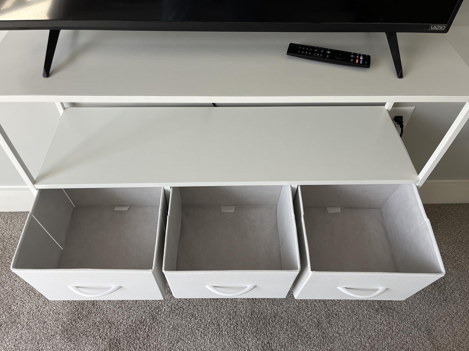 DUMOS TV Stand Media Console with LED Power Station, Open Storage Shelf & Small Accessory Drawers, Entertainment Cabinet, Living Room Bedroom Dorm Home Furniture, Black customer photo 1