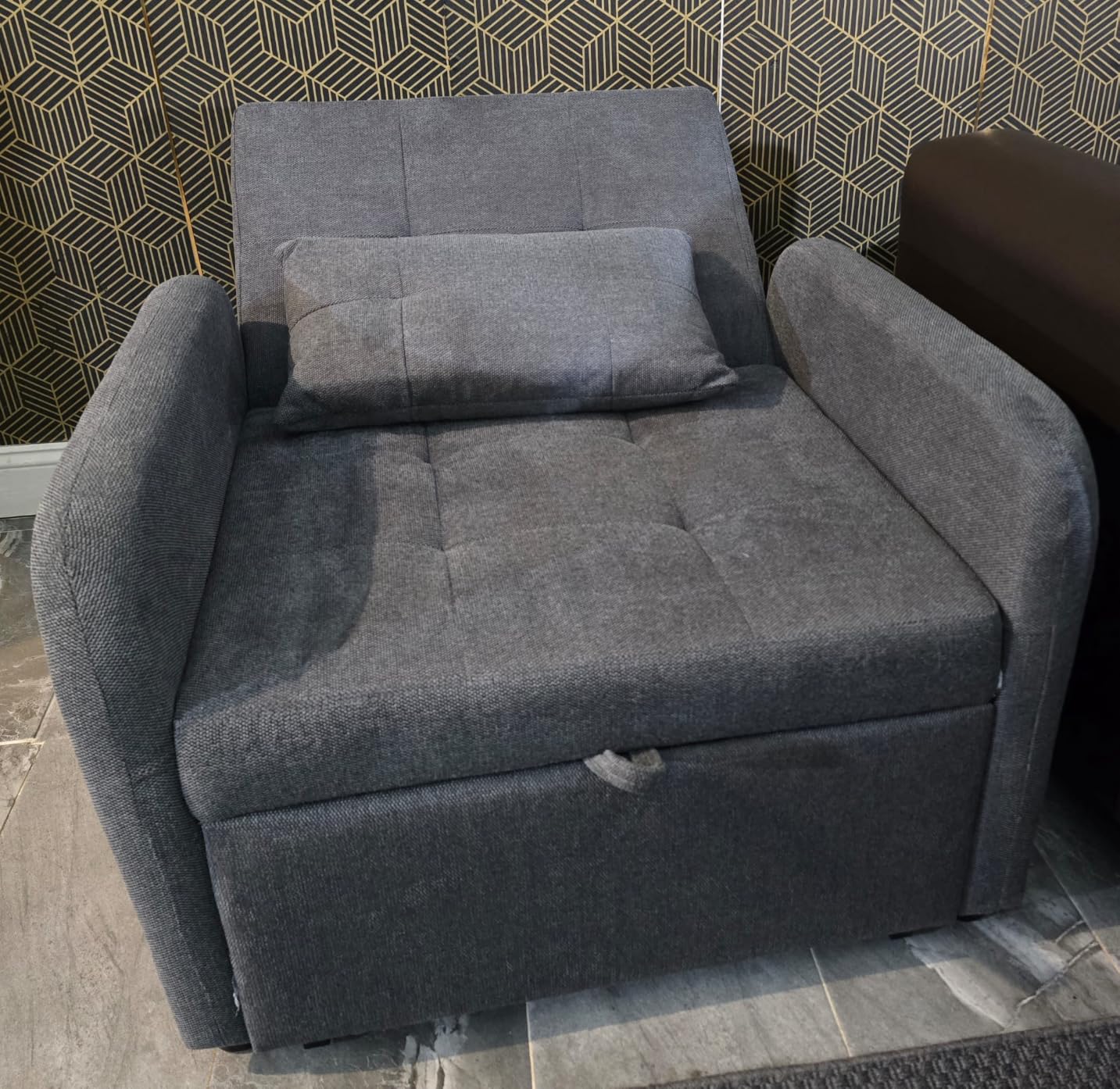 Convertible Sleeper Chair-Fabric Futon Sofa Bed, Single Sleeper Sofa, Small Couch Bed with USB Port, Foldable Table, Pillow, Adjustable Backrest for Dorm/Bedroom/College Darkgrey customer photo 1