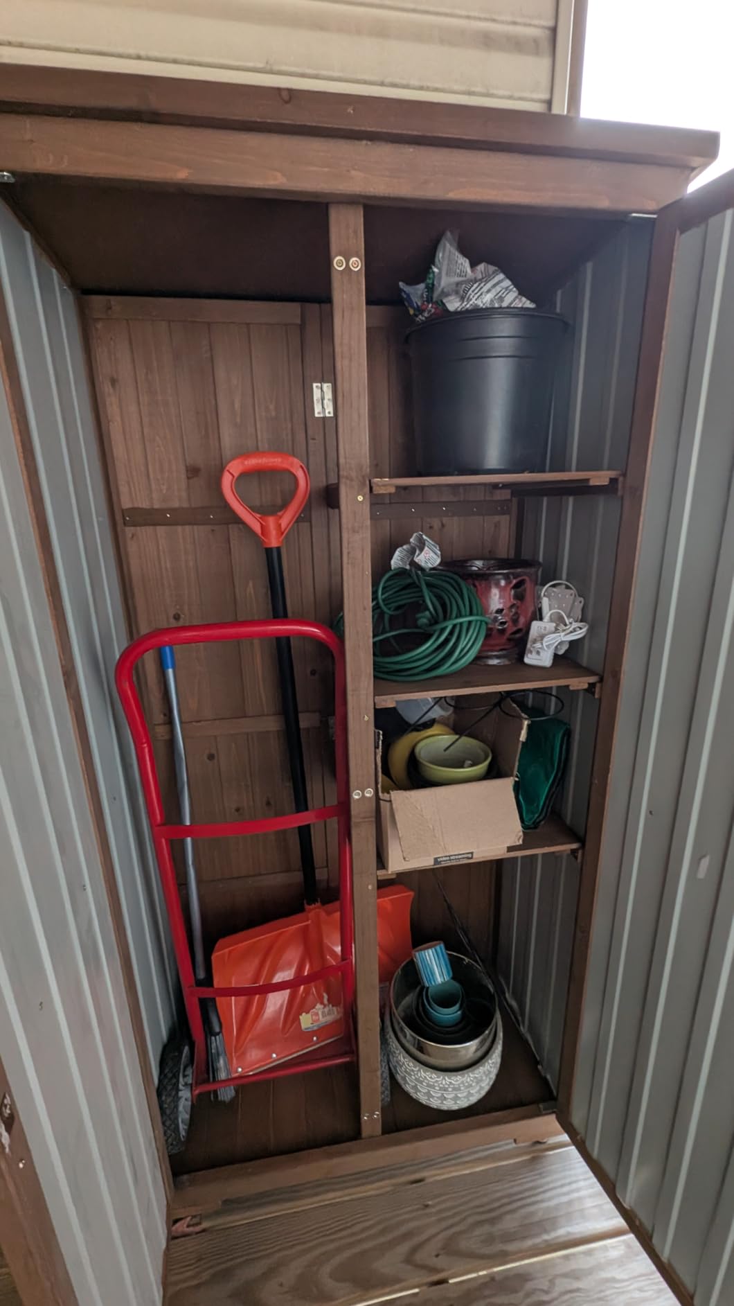 PetsCosset Outdoor Storage Cabinet with Shelves, Wood & Plastic Garden Shed, Weatherproof Outside Tool Cabinet for Patio, Backyard, Pool customer photo 2