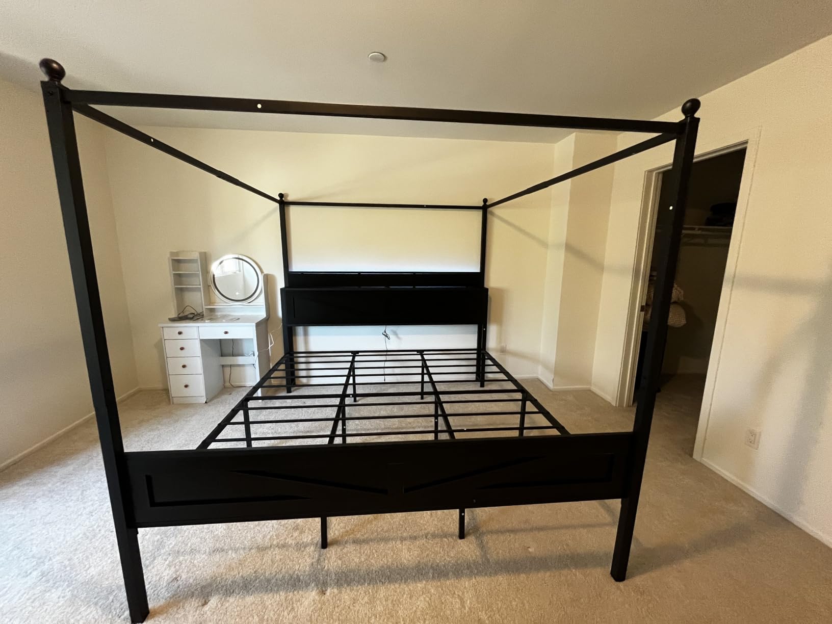 Canopy Bed Frame Queen Size with Barn Storage Headboard, Beige customer photo 2
