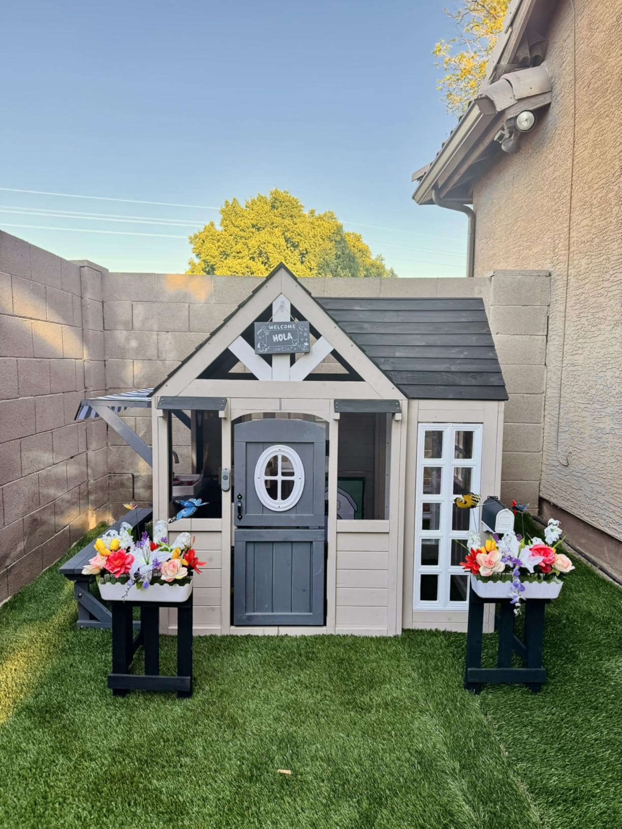 Albott Outdoor Wooden Playhouse for Kids, Backyard Cottage with Fence customer photo 1