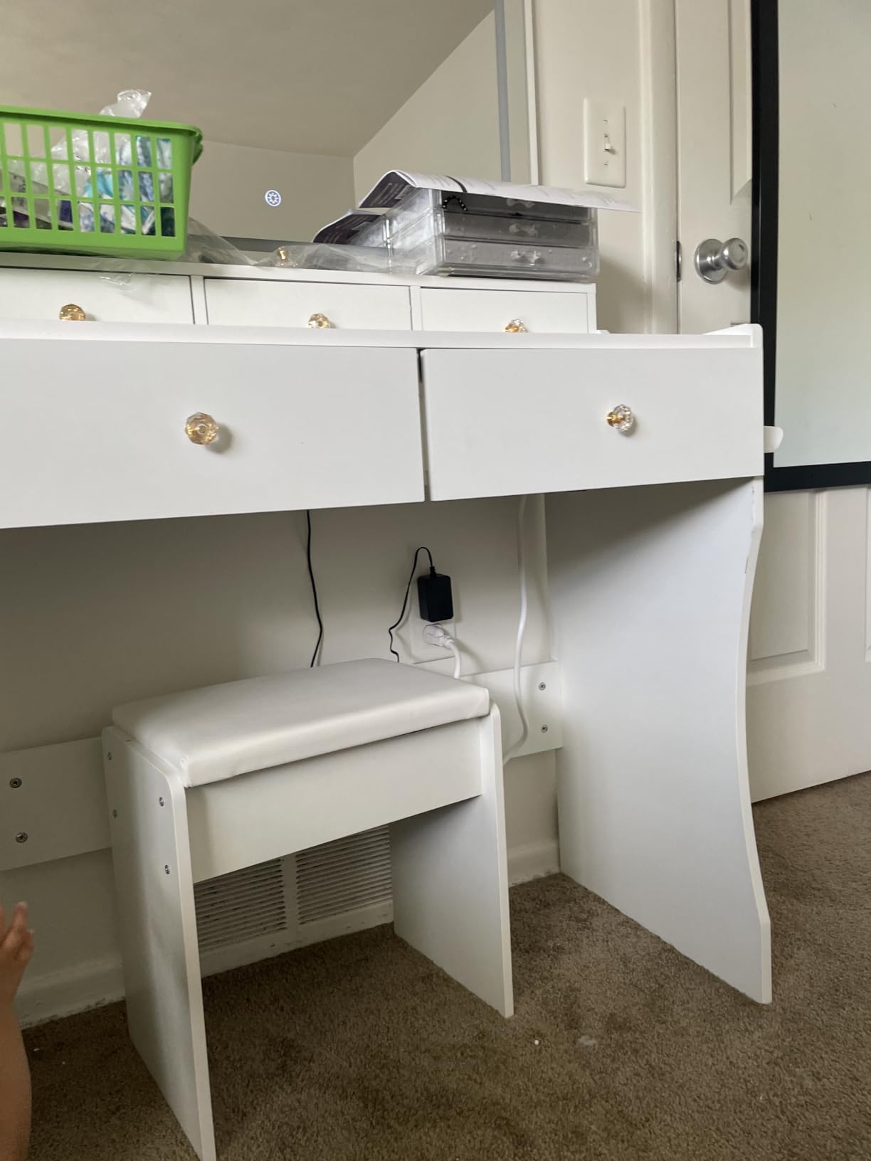 COMHOMA Vanity Desk with LED Lights Mirror & Power Outlet, Small Makeup Vanity Table Set with 5 Storage Drawers, 3 Lighting Modes & Adjustable Brightness, Dressing Table for Women Girls Bedroom, White customer photo 2
